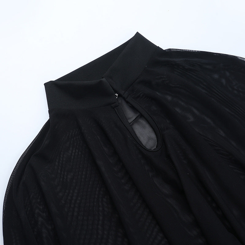 Dark Allure Gothic Mesh Cape & Cami Bodysuit Set - Halloween Ready & Beyond