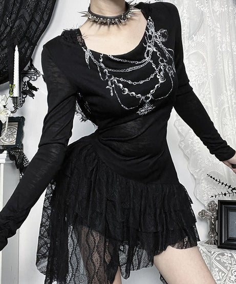 Gothic Chain Draping Long Sleeve Mini Dress - Edgy Fall & Halloween Statement Piece
