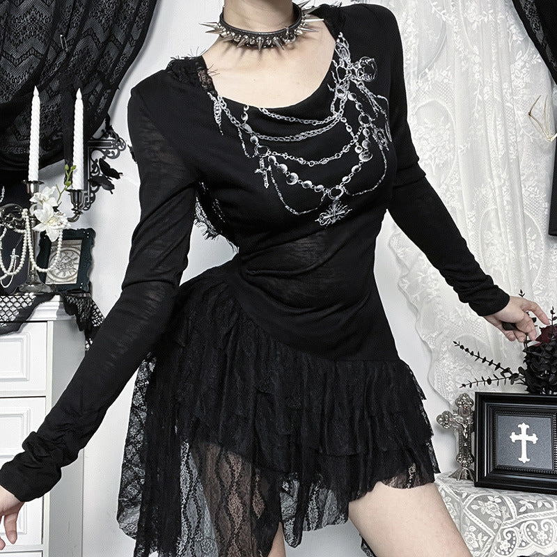 Gothic Chain Draping Long Sleeve Mini Dress - Edgy Fall & Halloween Statement Piece