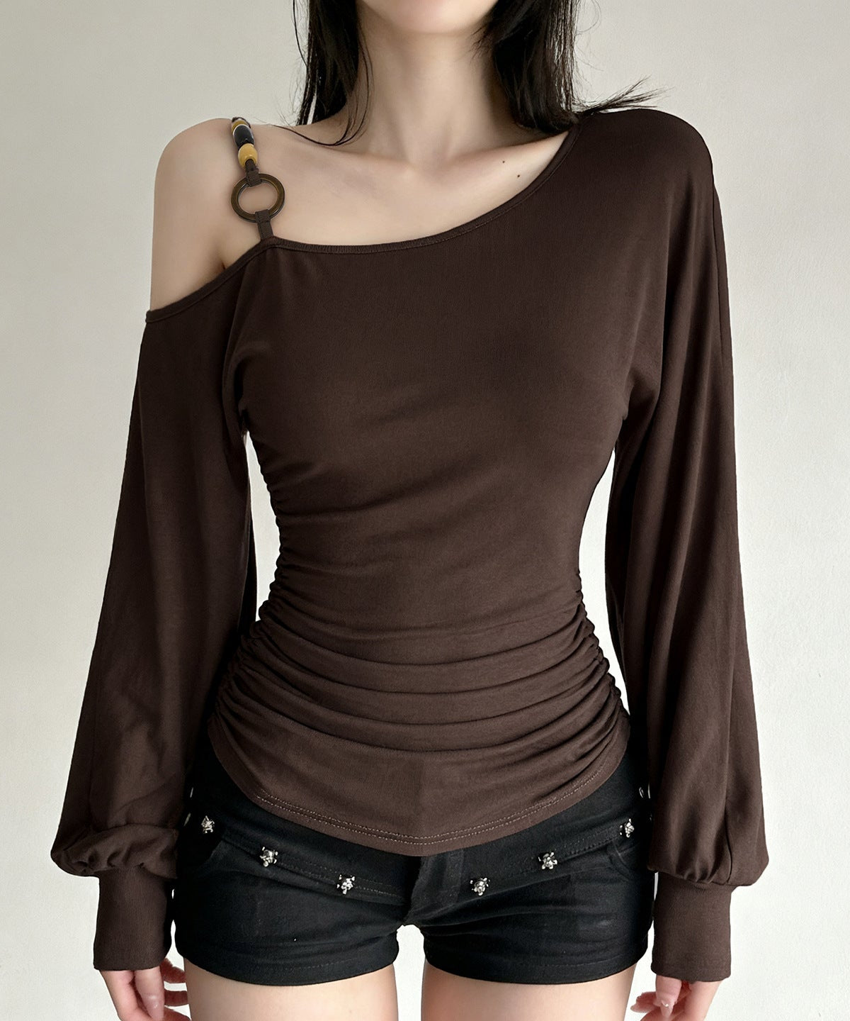 Fall Chic: Chocolate Brown O-Ring One-Shoulder Ruched Long Sleeve Top