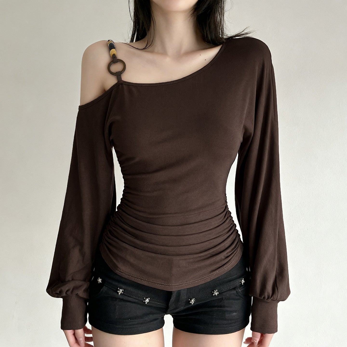 Fall Chic: Chocolate Brown O-Ring One-Shoulder Ruched Long Sleeve Top