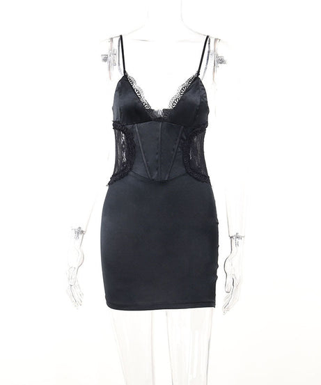 Chic Black Satin Lace Corset Mini Dress | Backless V-Neck for Fall & Holiday Parties