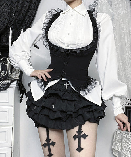 Gothic Halter Vest & Ruffled Mini Skirt Set – Spooky Chic Fall & Halloween Fashion
