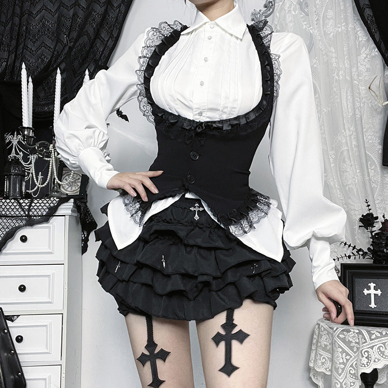 Gothic Halter Vest & Ruffled Mini Skirt Set – Spooky Chic Fall & Halloween Fashion