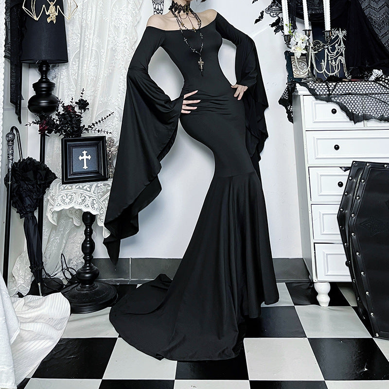 Dramatic Gothic Witchy Black Off-Shoulder Maxi Dress - Enchanting Bell Sleeves for Halloween & Fall Evenings