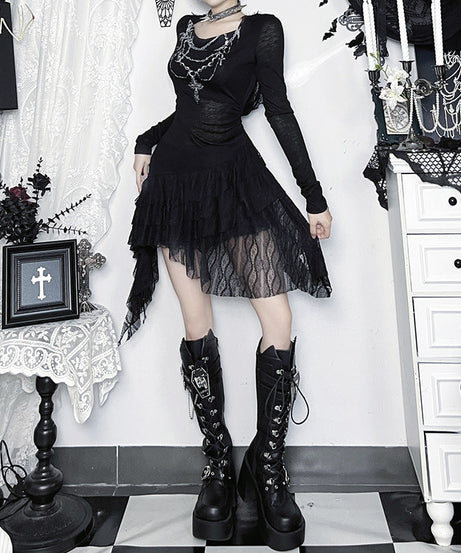 Gothic Chain Draping Long Sleeve Mini Dress - Edgy Fall & Halloween Statement Piece