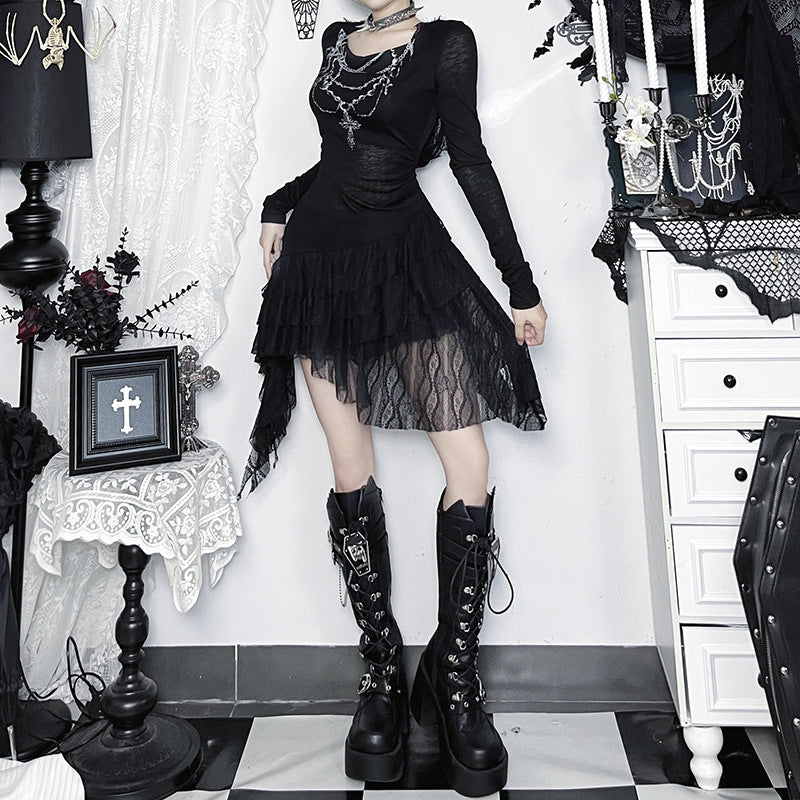 Gothic Chain Draping Long Sleeve Mini Dress - Edgy Fall & Halloween Statement Piece