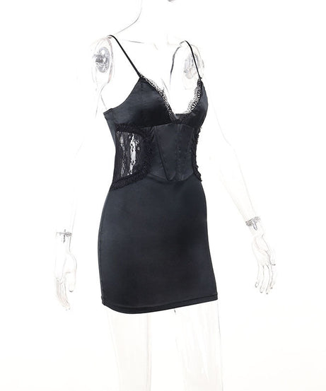 Chic Black Satin Lace Corset Mini Dress | Backless V-Neck for Fall & Holiday Parties