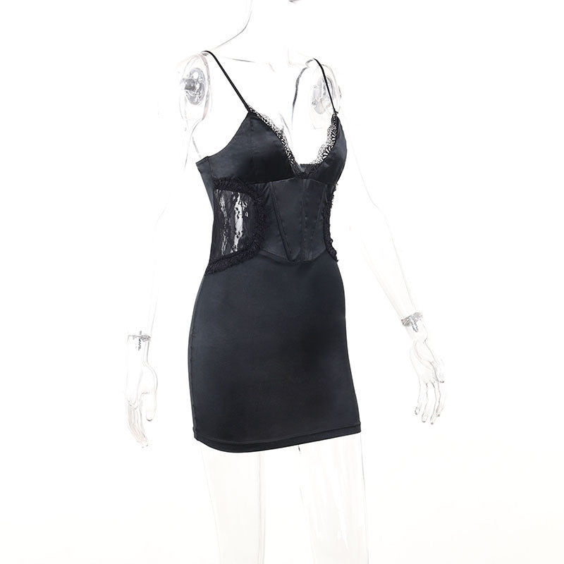 Chic Black Satin Lace Corset Mini Dress | Backless V-Neck for Fall & Holiday Parties