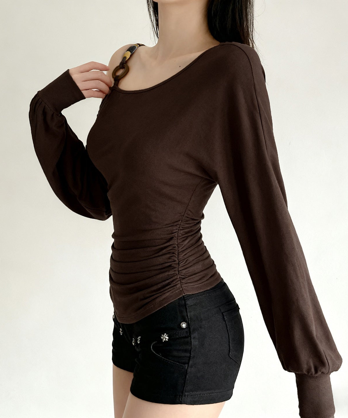 Fall Chic: Chocolate Brown O-Ring One-Shoulder Ruched Long Sleeve Top