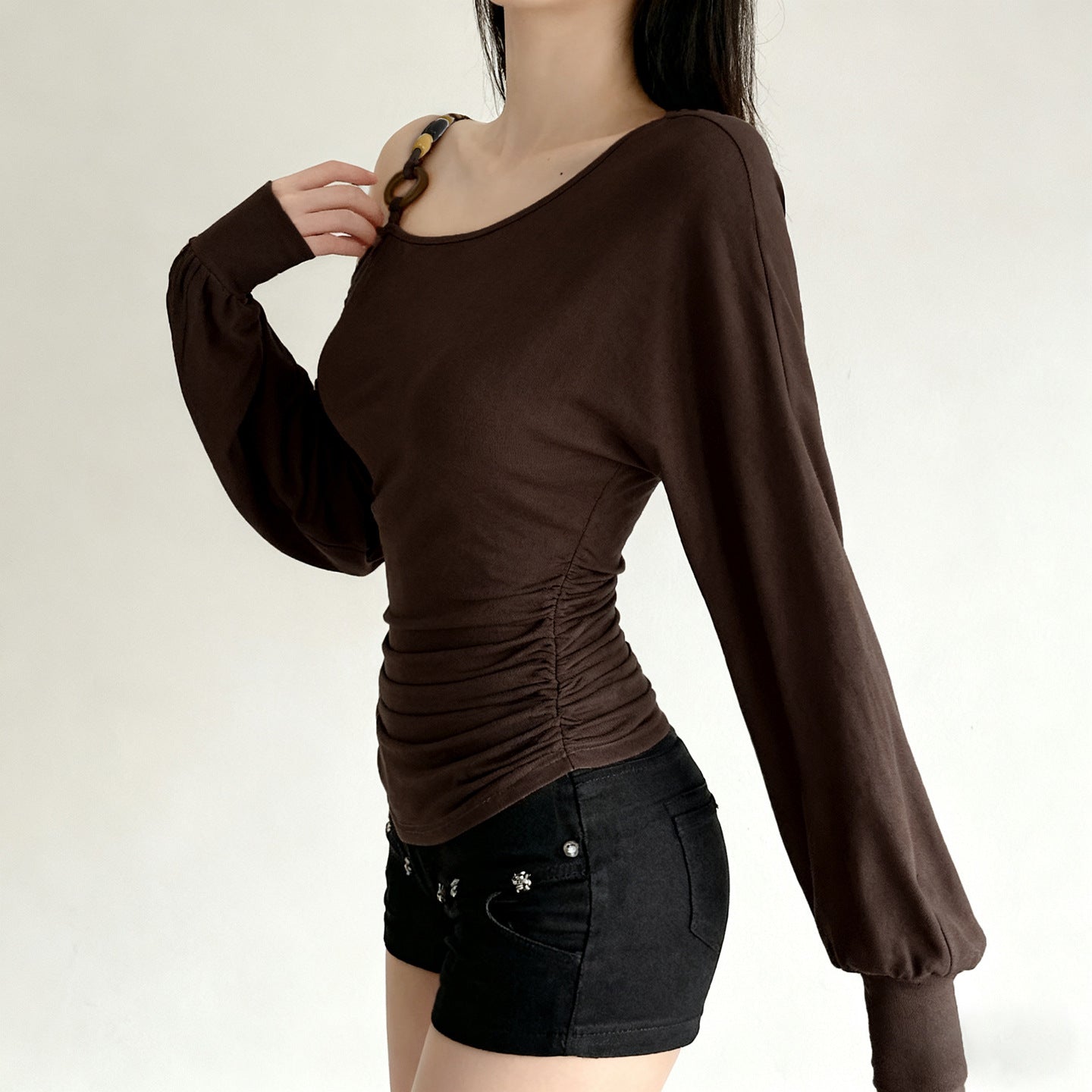 Fall Chic: Chocolate Brown O-Ring One-Shoulder Ruched Long Sleeve Top