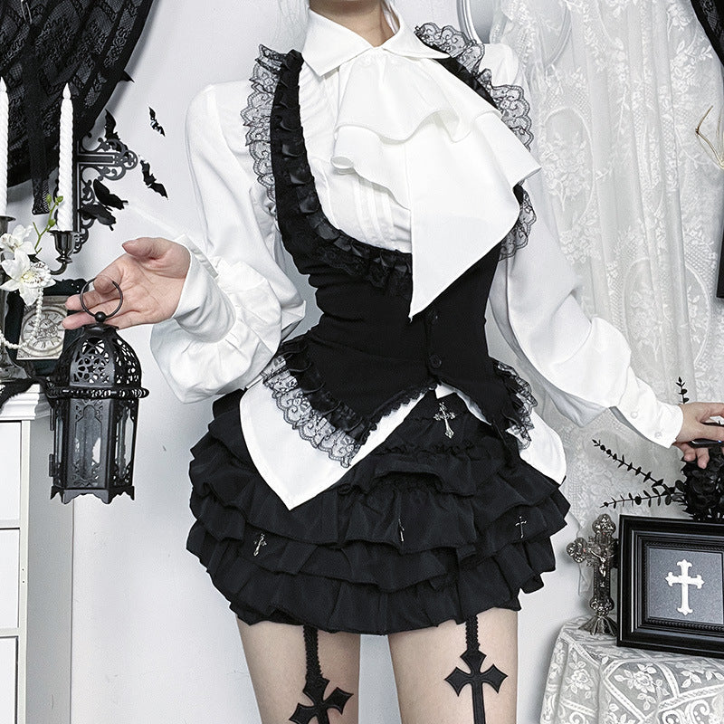 Gothic Halter Vest & Ruffled Mini Skirt Set – Spooky Chic Fall & Halloween Fashion
