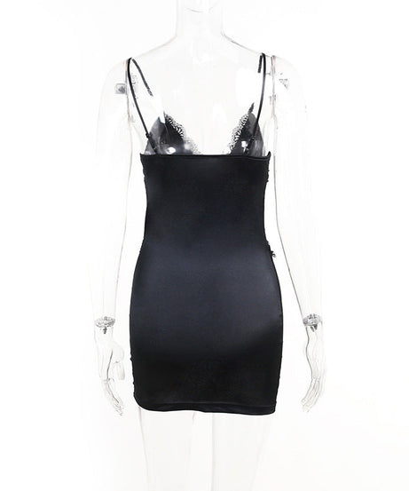 Chic Black Satin Lace Corset Mini Dress | Backless V-Neck for Fall & Holiday Parties