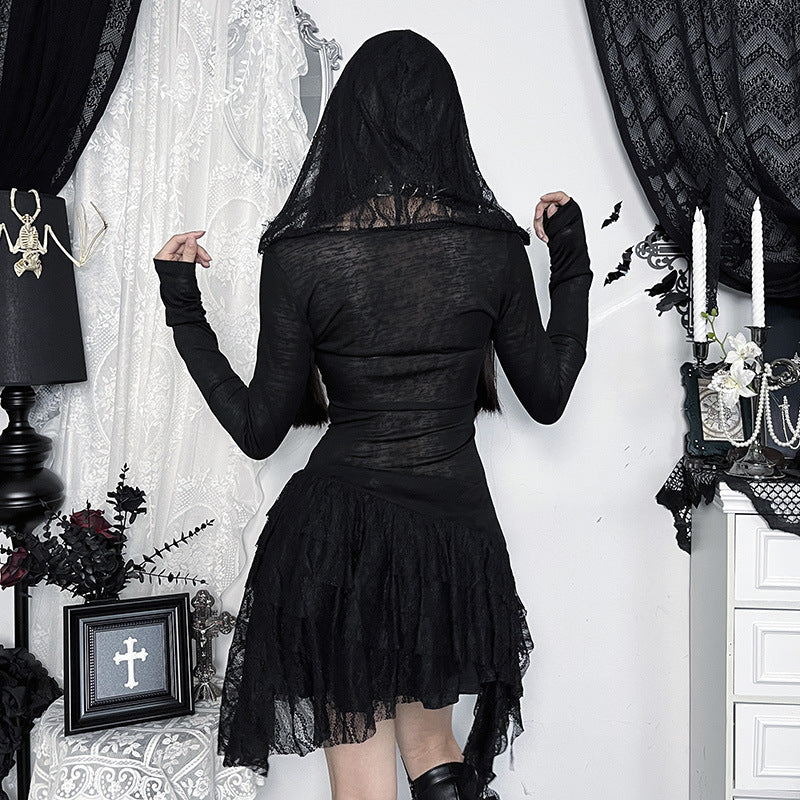 Gothic Chain Draping Long Sleeve Mini Dress - Edgy Fall & Halloween Statement Piece