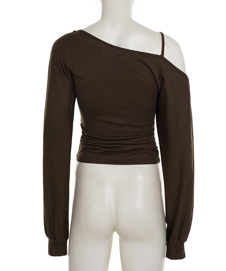 Fall Chic: Chocolate Brown O-Ring One-Shoulder Ruched Long Sleeve Top