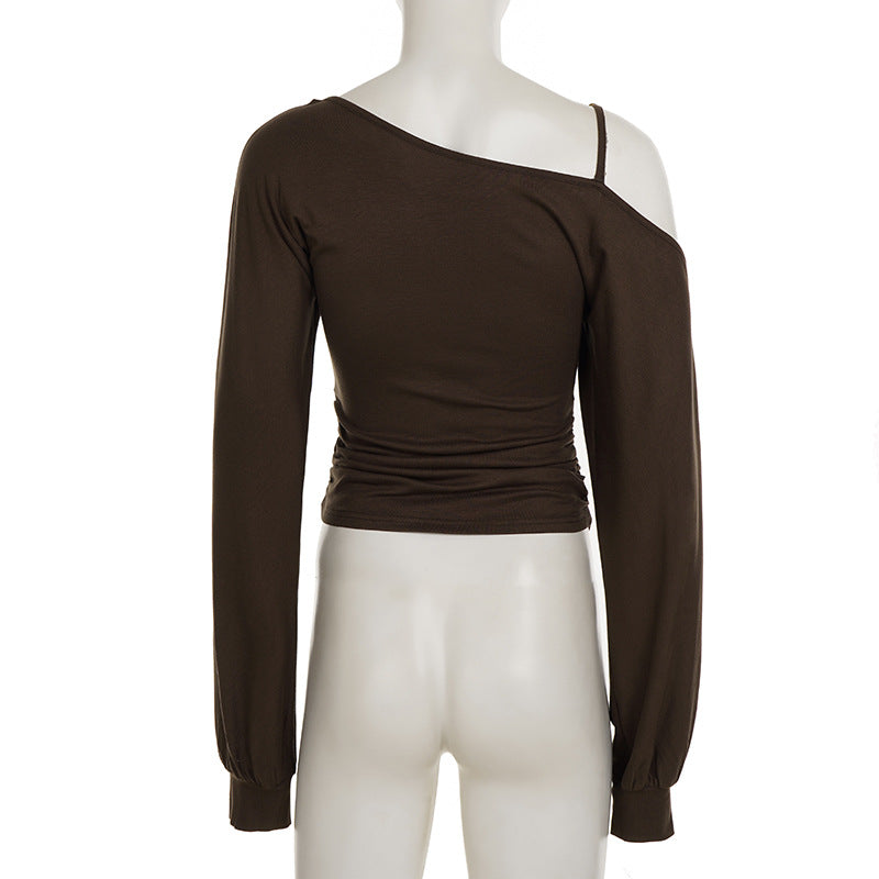 Fall Chic: Chocolate Brown O-Ring One-Shoulder Ruched Long Sleeve Top