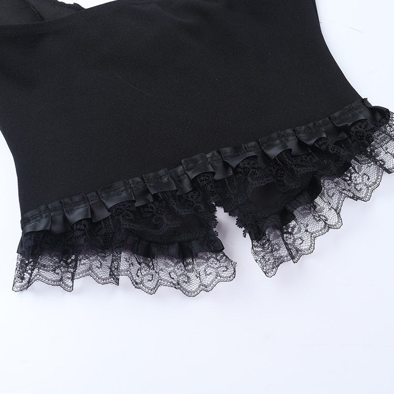 Gothic Halter Vest & Ruffled Mini Skirt Set – Spooky Chic Fall & Halloween Fashion