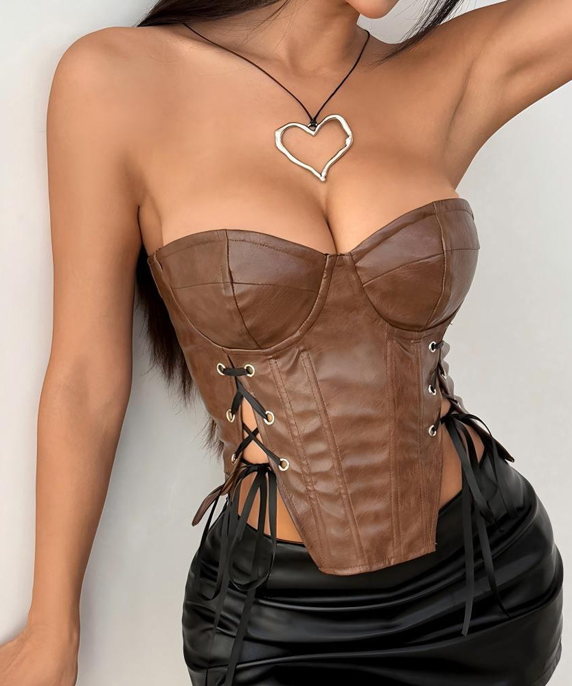 Autumn's Edge: Luxe Faux Leather Sweetheart Corset Top | Lace-Up Bustier for Fall Nights