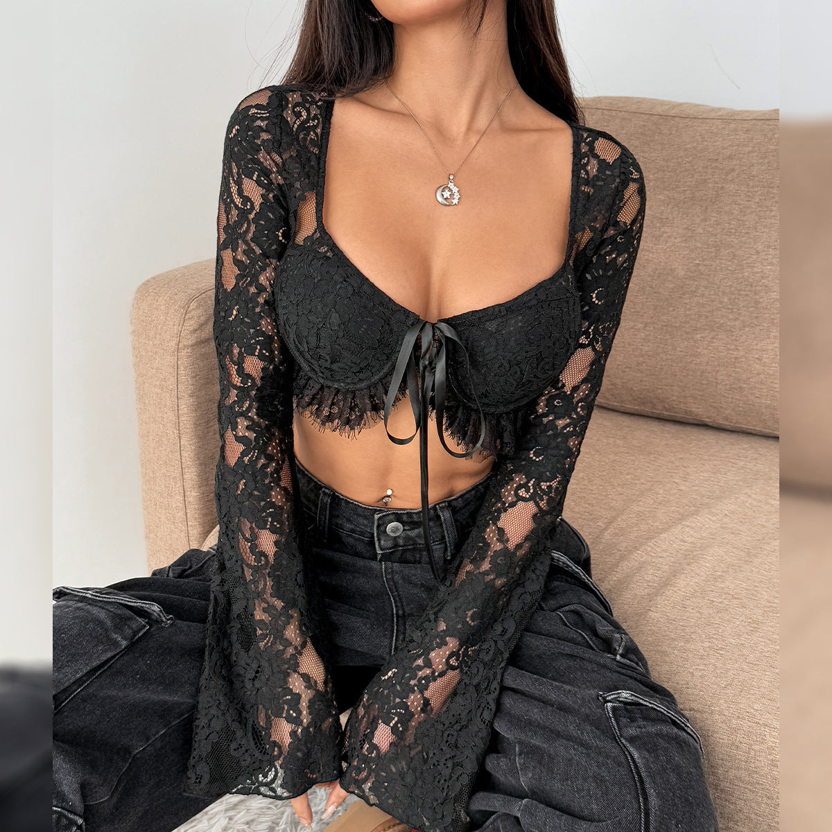 Sultry Black Lace Self-Tie Crop Top | Long Sleeve Going Out & Holiday Party Ready