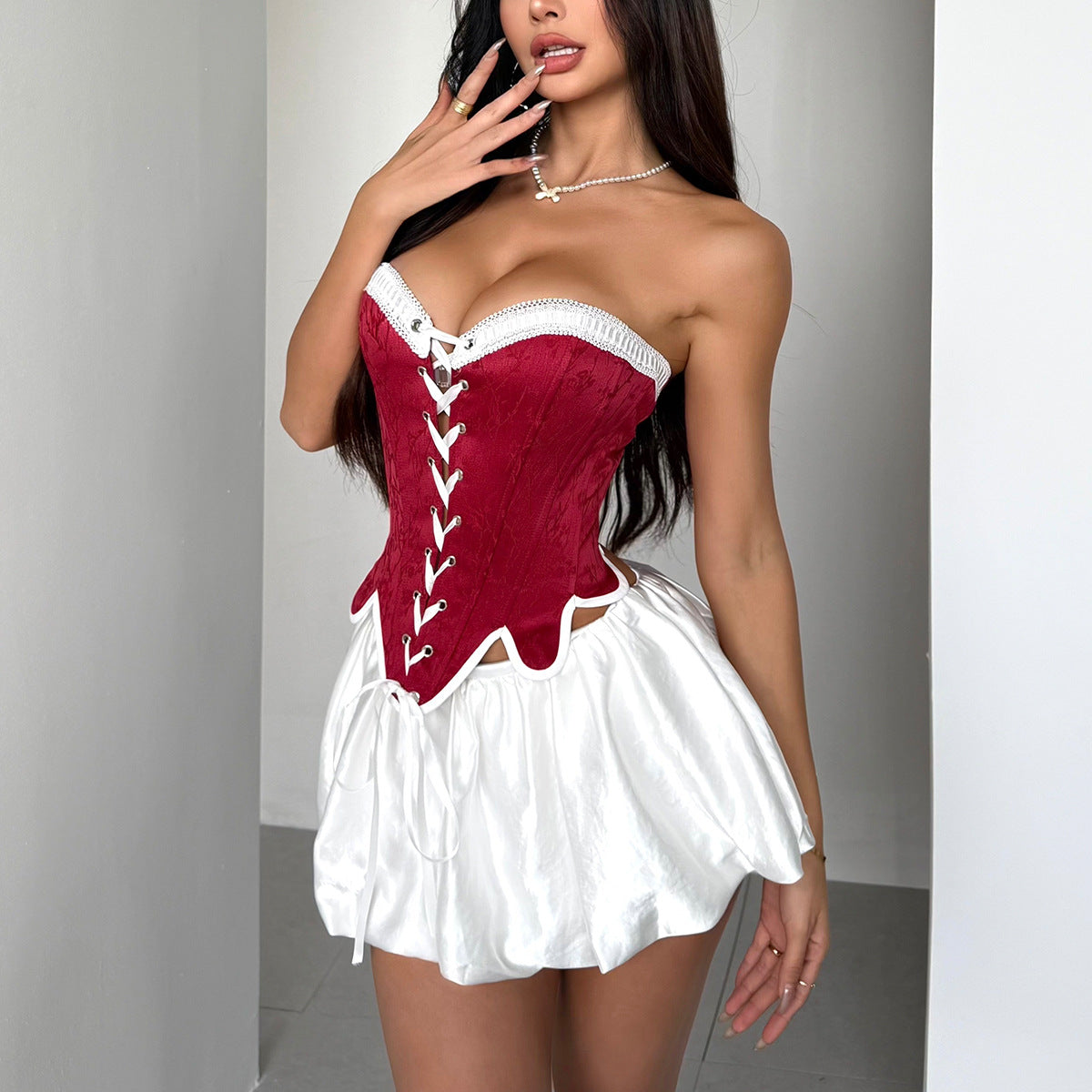 Show-Stopping Red & White Holiday Glam Corset & Bubble Skirt Set | Festive Party & Halloween