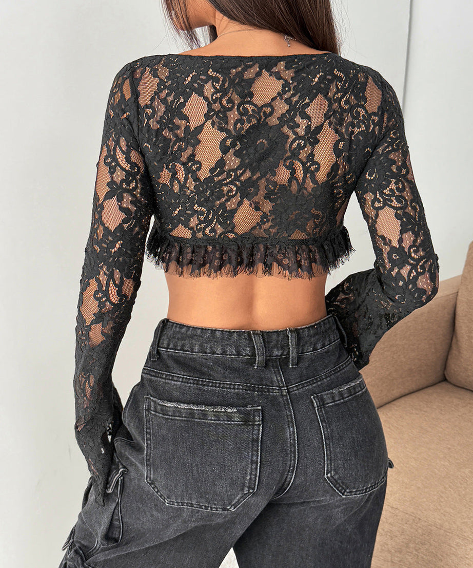 Sultry Black Lace Self-Tie Crop Top | Long Sleeve Going Out & Holiday Party Ready