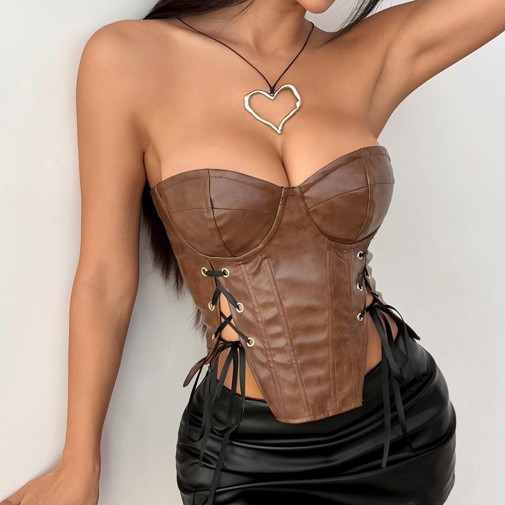Autumn's Edge: Luxe Faux Leather Sweetheart Corset Top | Lace-Up Bustier for Fall Nights
