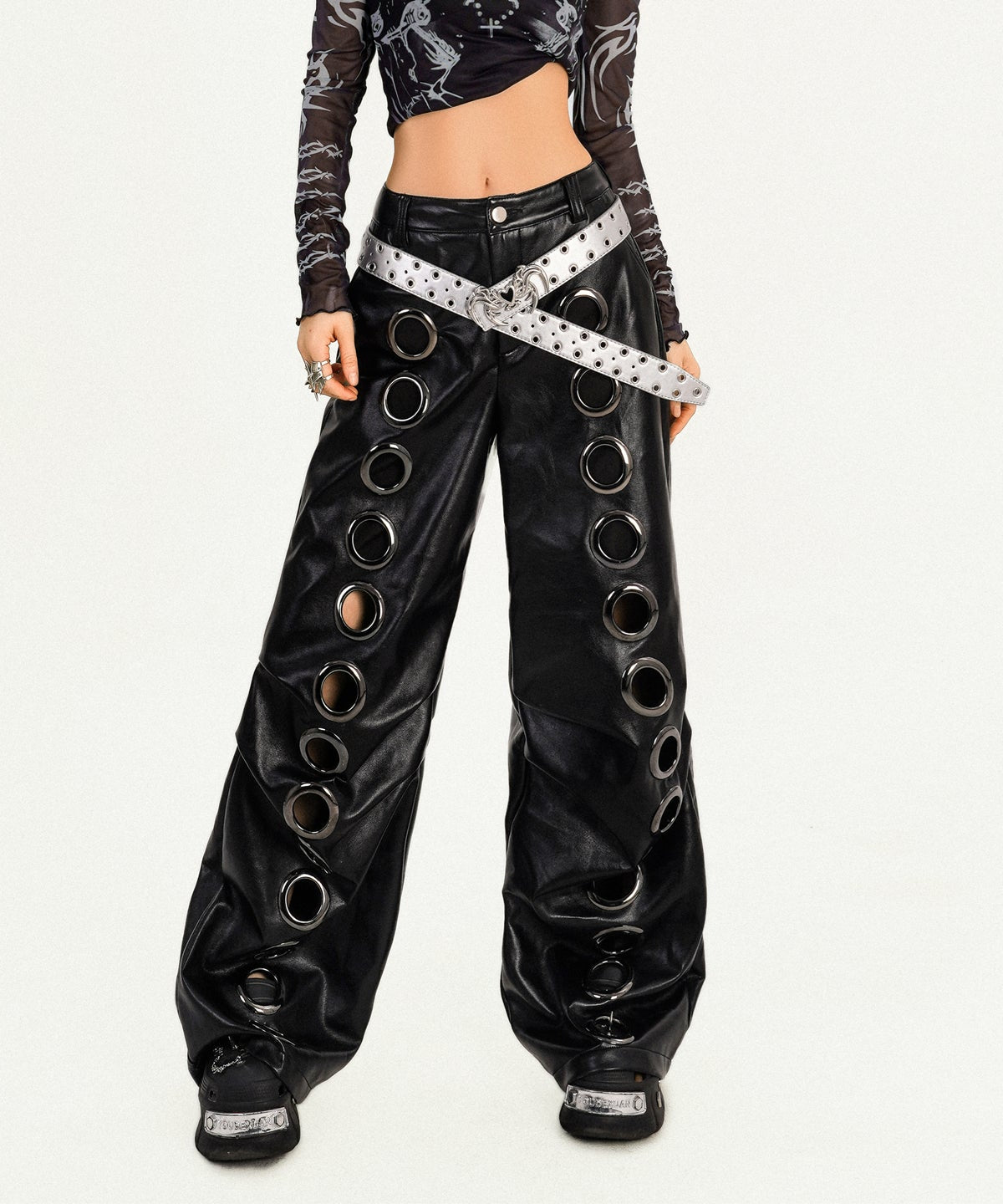 Dare to Be Bold: Women's Y2K Faux Leather Grommet Wide Leg Pants - Edgy Fall & Halloween Style