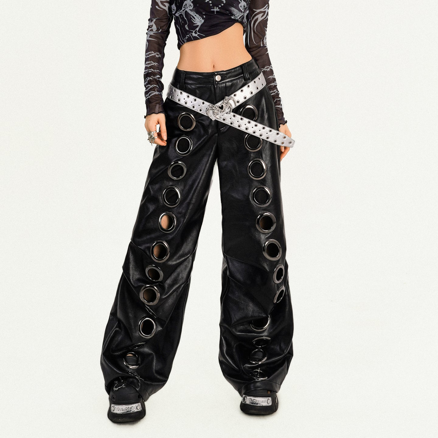 Dare to Be Bold: Women's Y2K Faux Leather Grommet Wide Leg Pants - Edgy Fall & Halloween Style