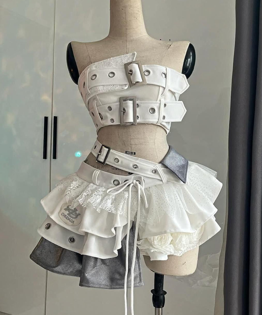 Ultimate Alt-Girl Vibe: Buckle & Ruffle Cyberpunk Mini Skirt & Crop Top Set - Halloween & Festival Must-Have!