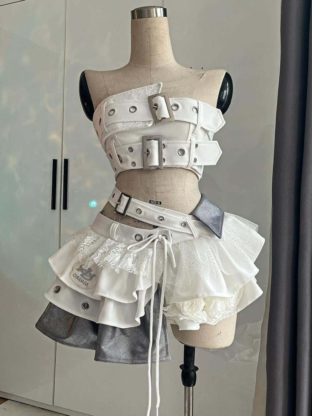 Ultimate Alt-Girl Vibe: Buckle & Ruffle Cyberpunk Mini Skirt & Crop Top Set - Halloween & Festival Must-Have!