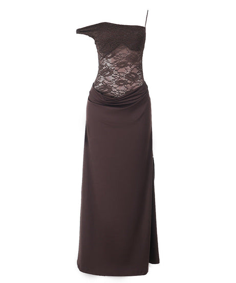 Allure & Elegance: Espresso Lace One-Shoulder High Slit Maxi Dress – Your Perfect Fall & Holiday Gala Gown