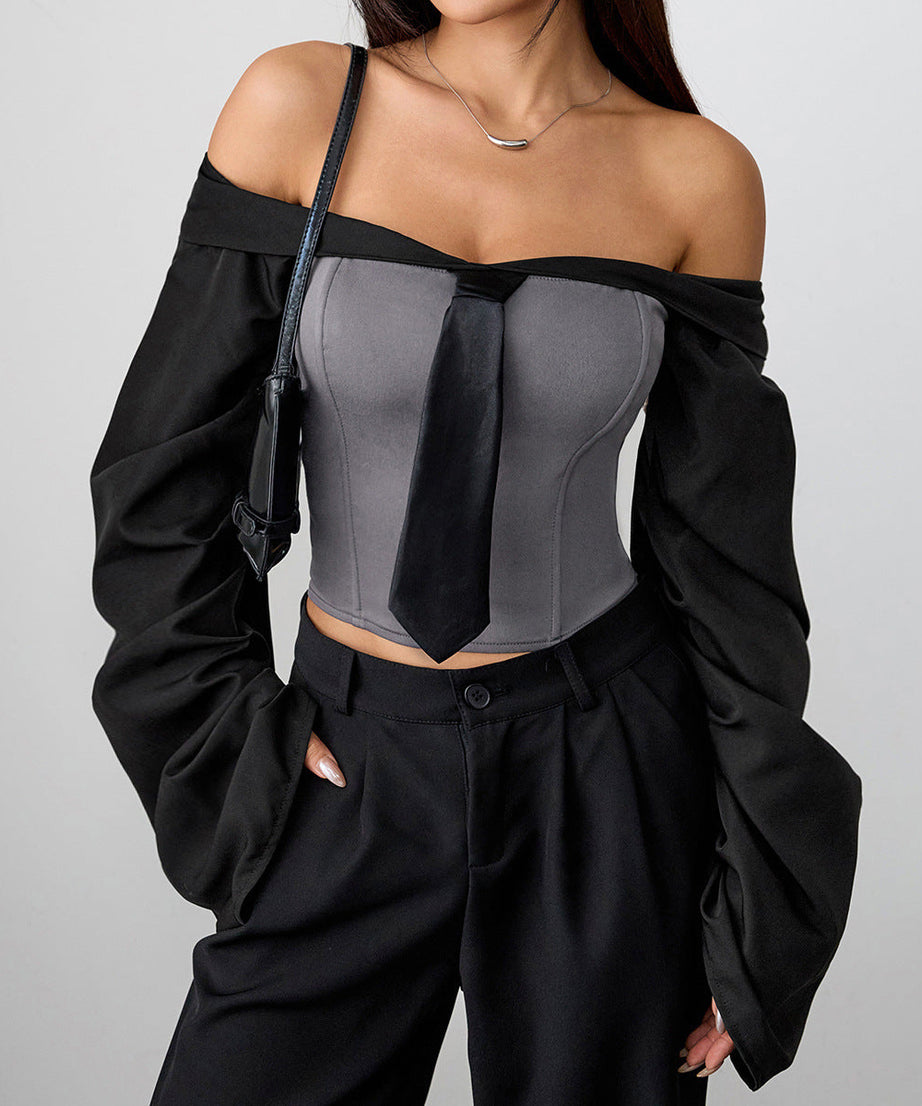 Fall Glam Off-Shoulder Corset Top with Chic Necktie & Billowy Sleeves | Edgy Statement Wear