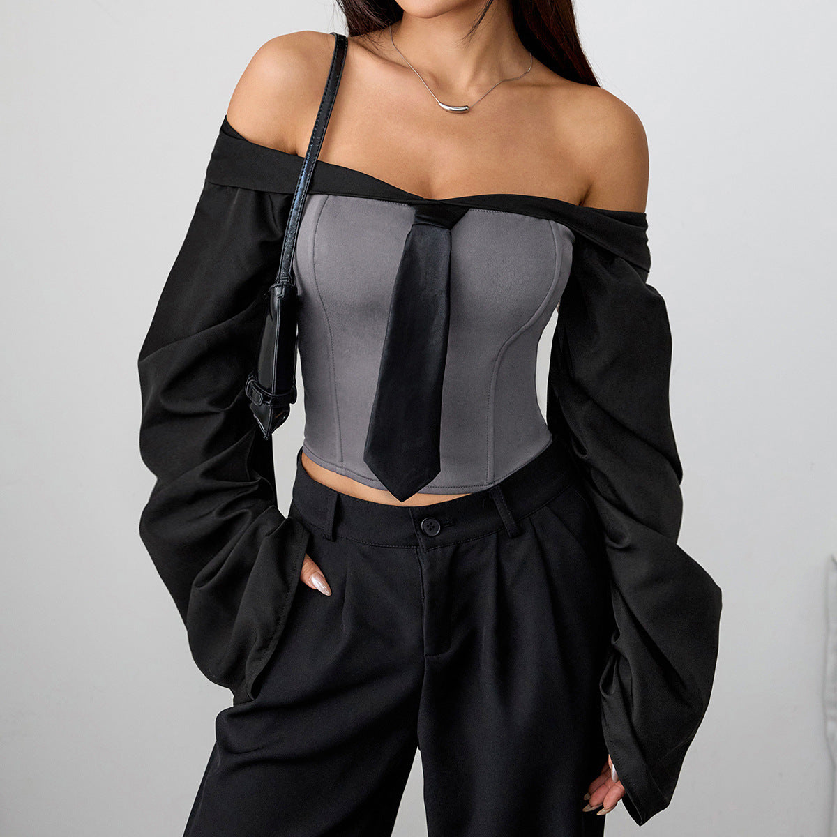 Fall Glam Off-Shoulder Corset Top with Chic Necktie & Billowy Sleeves | Edgy Statement Wear