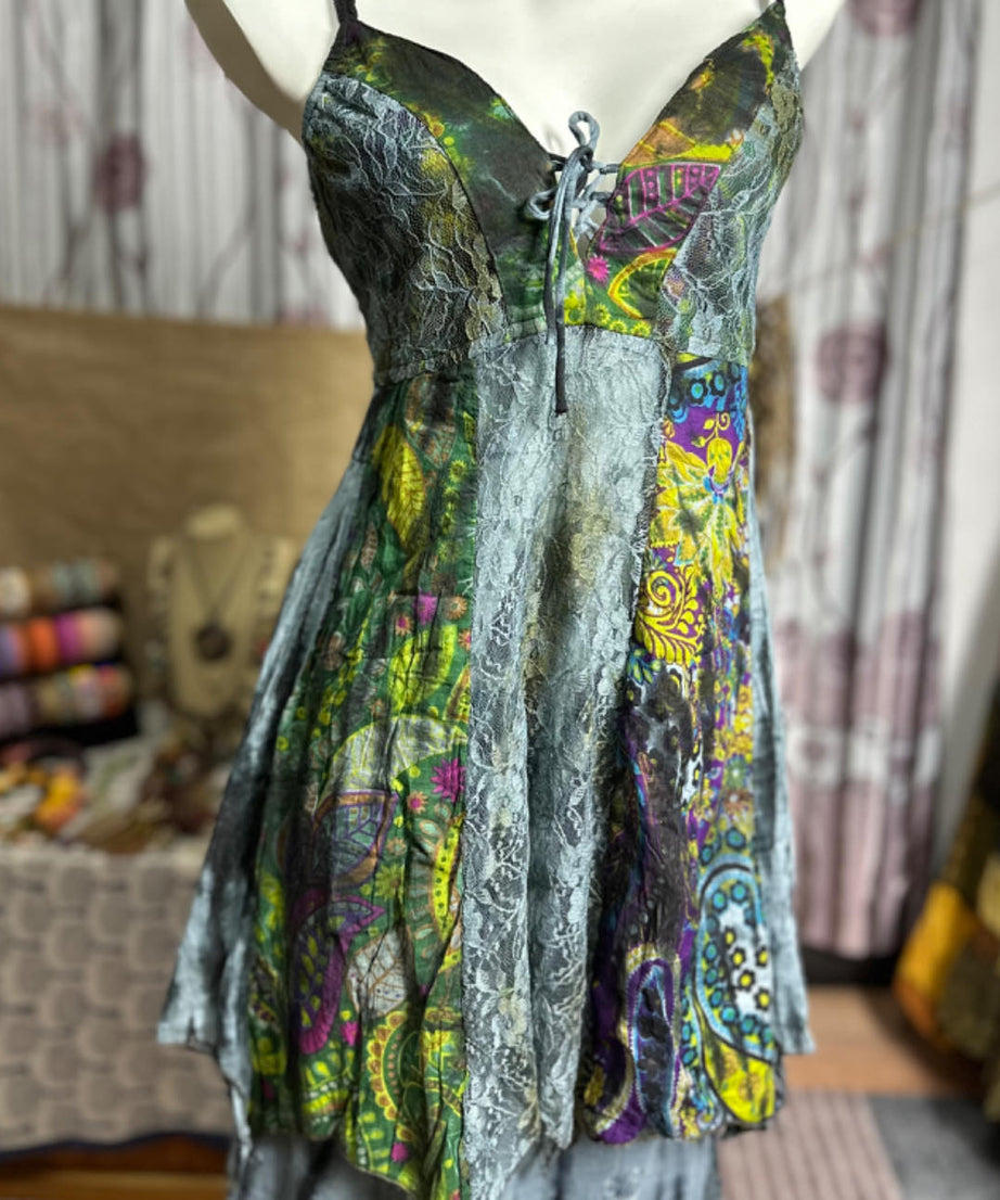 Enchanted Forest Boho Cami Mini Dress - Handkerchief Hem & Paisley Print for Fall Vacations & Resort Style