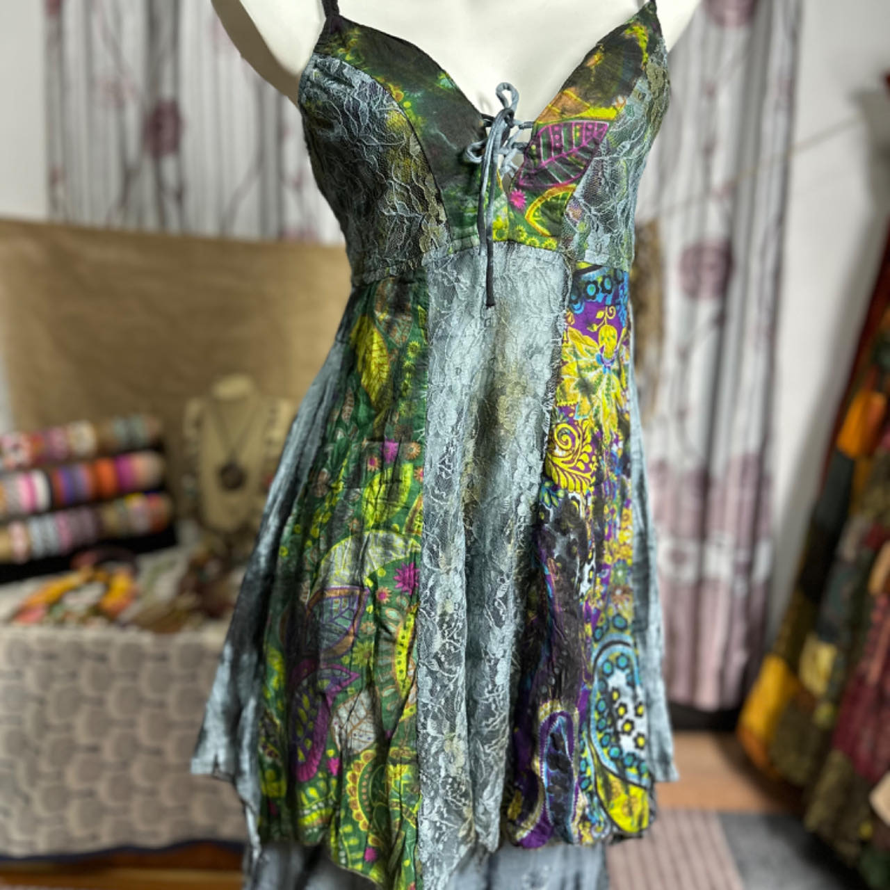Enchanted Forest Boho Cami Mini Dress - Handkerchief Hem & Paisley Print for Fall Vacations & Resort Style