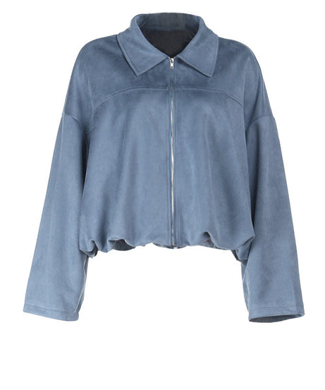 Effortless Chic Dusty Blue Velour-Feel Cropped Zip Jacket – Your Go-To Fall Layering Essential