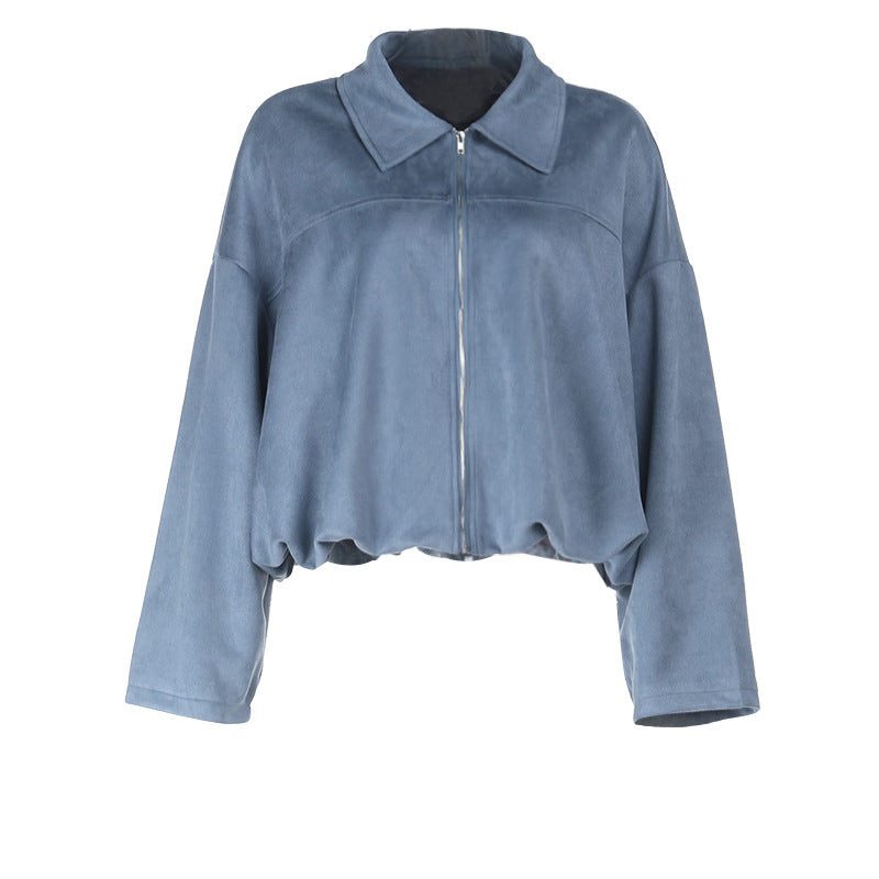 Effortless Chic Dusty Blue Velour-Feel Cropped Zip Jacket – Your Go-To Fall Layering Essential