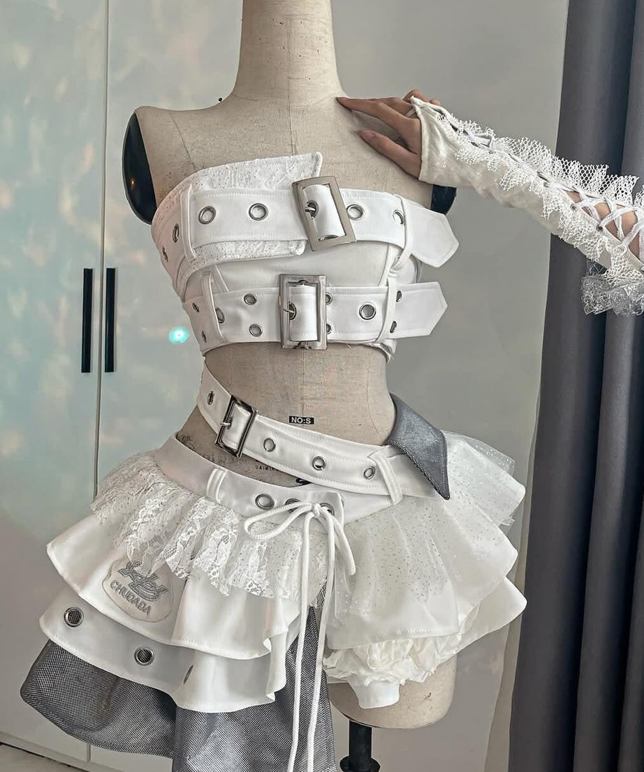 Ultimate Alt-Girl Vibe: Buckle & Ruffle Cyberpunk Mini Skirt & Crop Top Set - Halloween & Festival Must-Have!