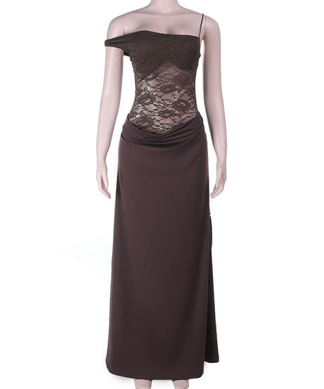 Allure & Elegance: Espresso Lace One-Shoulder High Slit Maxi Dress – Your Perfect Fall & Holiday Gala Gown