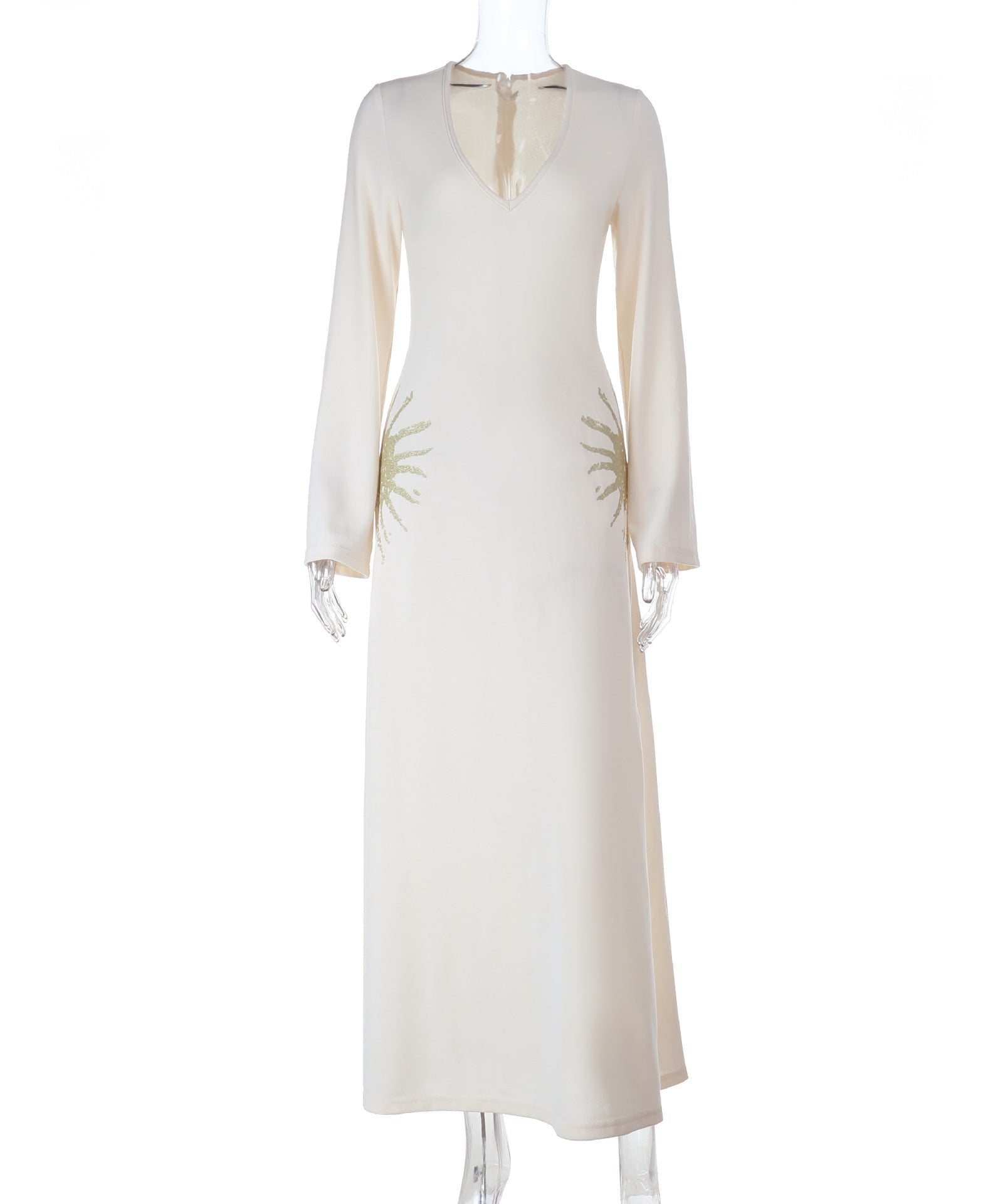 Radiant Solstice Maxi Dress: Elegant V-Neck Long Sleeve for Fall & Holiday Celebrations