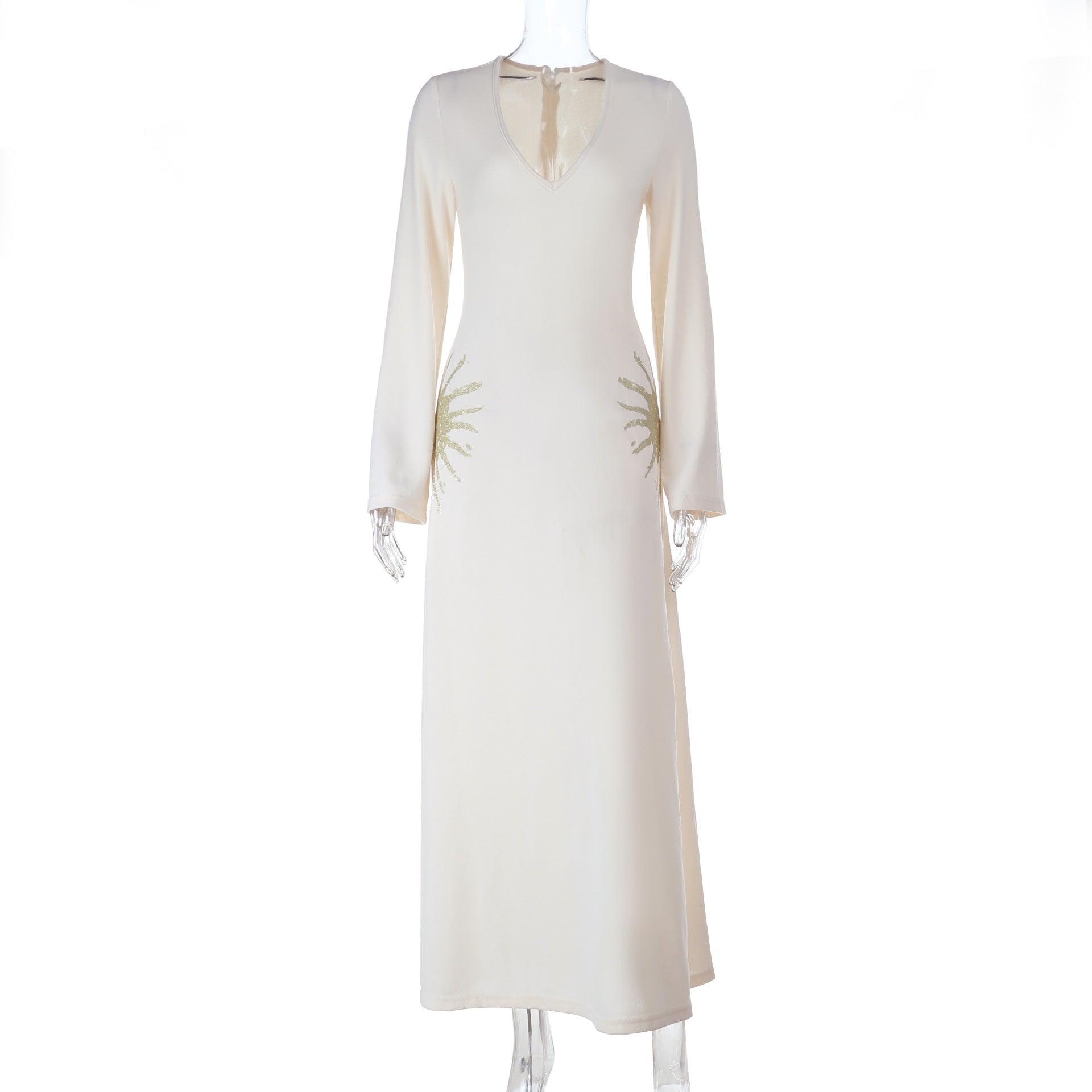 Radiant Solstice Maxi Dress: Elegant V-Neck Long Sleeve for Fall & Holiday Celebrations