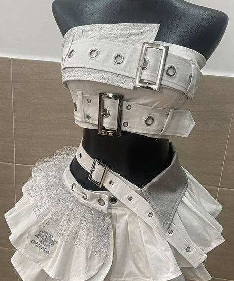 Ultimate Alt-Girl Vibe: Buckle & Ruffle Cyberpunk Mini Skirt & Crop Top Set - Halloween & Festival Must-Have!