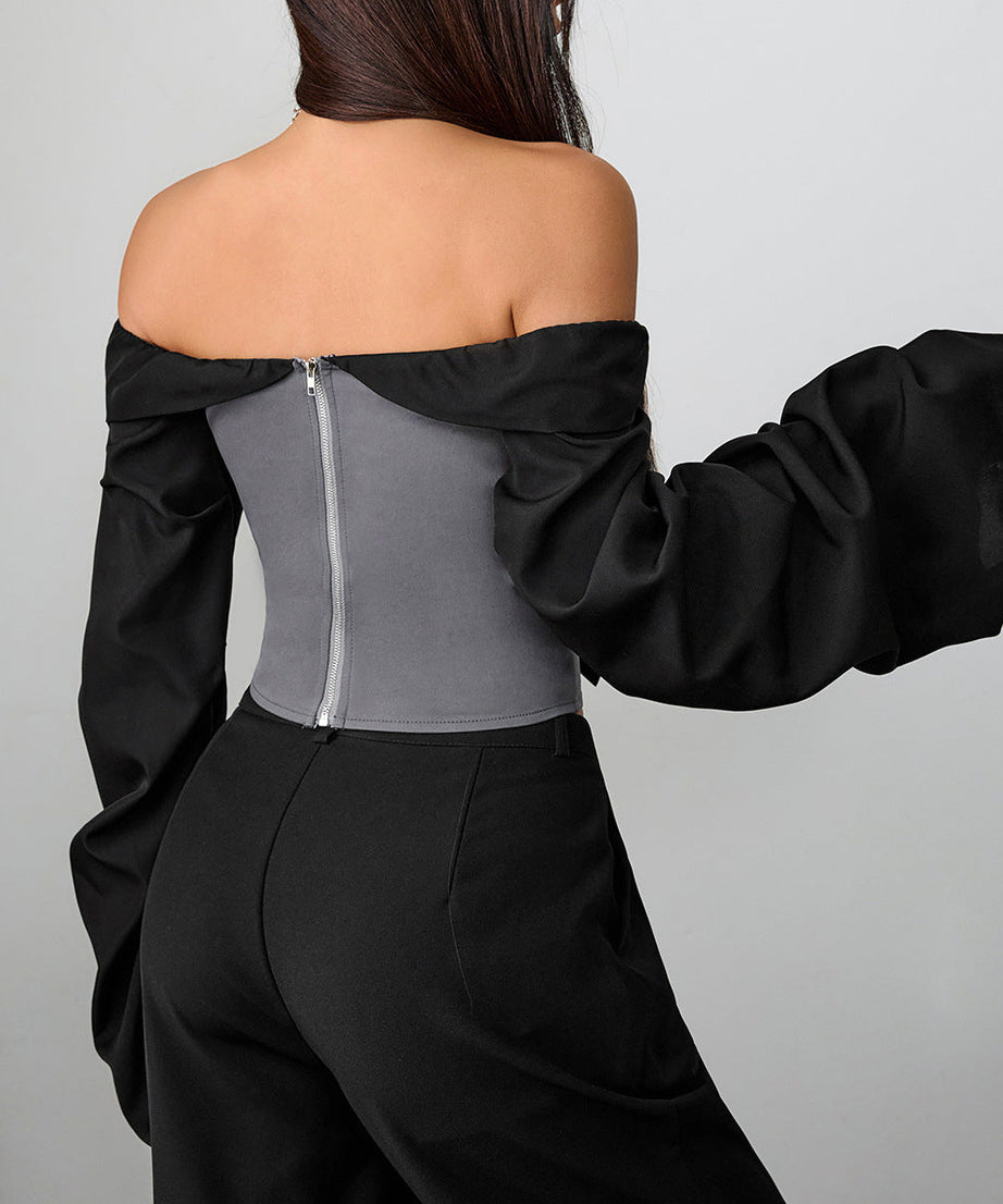 Fall Glam Off-Shoulder Corset Top with Chic Necktie & Billowy Sleeves | Edgy Statement Wear