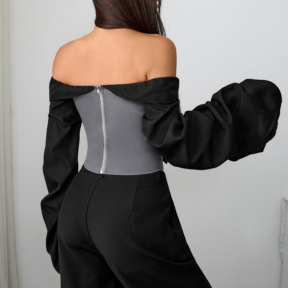Fall Glam Off-Shoulder Corset Top with Chic Necktie & Billowy Sleeves | Edgy Statement Wear