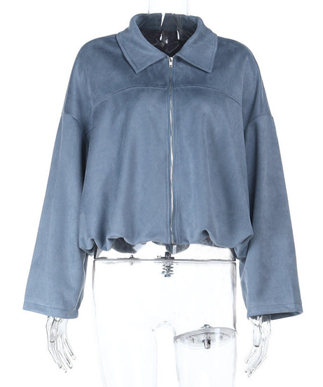 Effortless Chic Dusty Blue Velour-Feel Cropped Zip Jacket – Your Go-To Fall Layering Essential