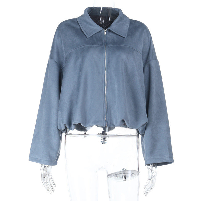 Effortless Chic Dusty Blue Velour-Feel Cropped Zip Jacket – Your Go-To Fall Layering Essential