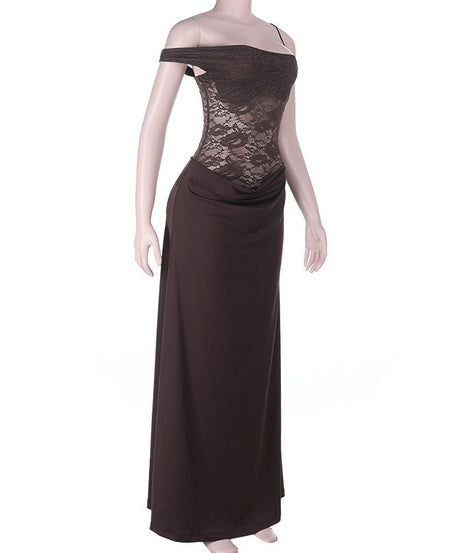 Allure & Elegance: Espresso Lace One-Shoulder High Slit Maxi Dress – Your Perfect Fall & Holiday Gala Gown