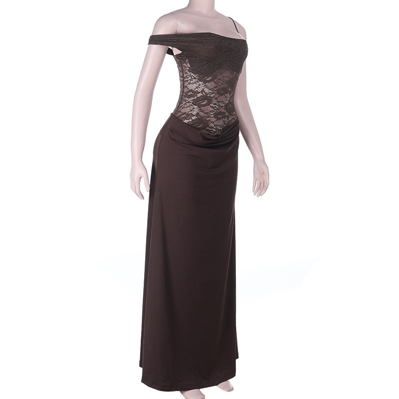 Allure & Elegance: Espresso Lace One-Shoulder High Slit Maxi Dress – Your Perfect Fall & Holiday Gala Gown