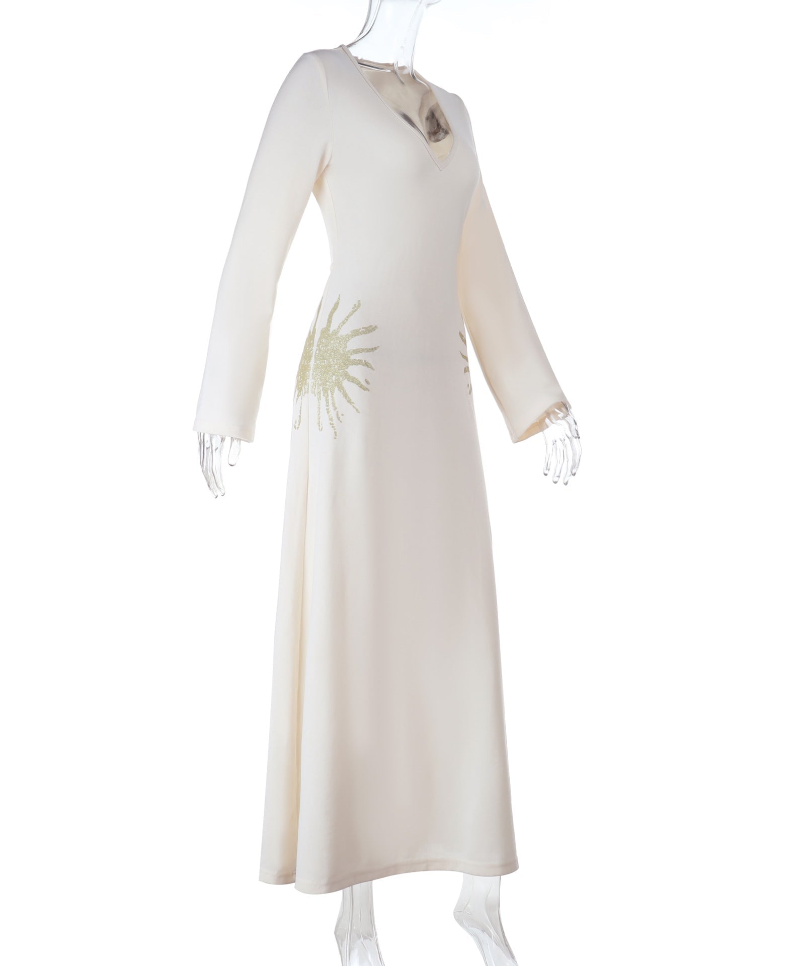 Radiant Solstice Maxi Dress: Elegant V-Neck Long Sleeve for Fall & Holiday Celebrations