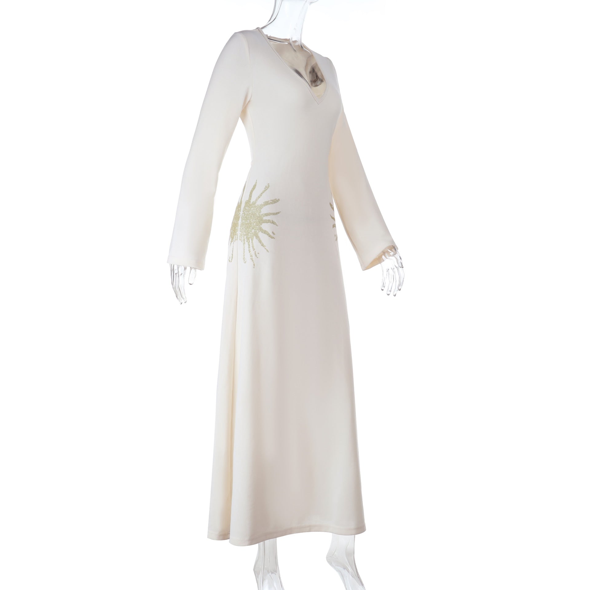 Radiant Solstice Maxi Dress: Elegant V-Neck Long Sleeve for Fall & Holiday Celebrations